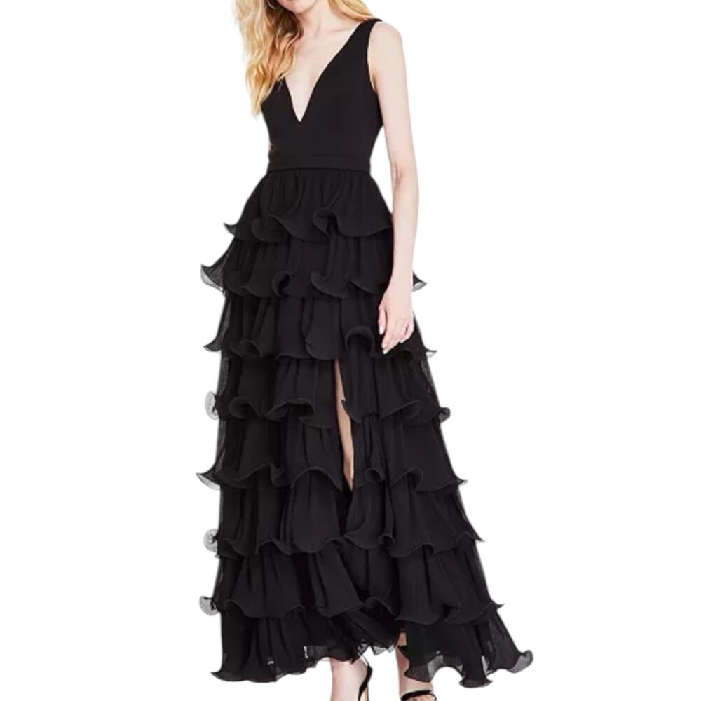 NWD Betsy & Adam Black Tiered Long V Neck Layered Gown Size 16